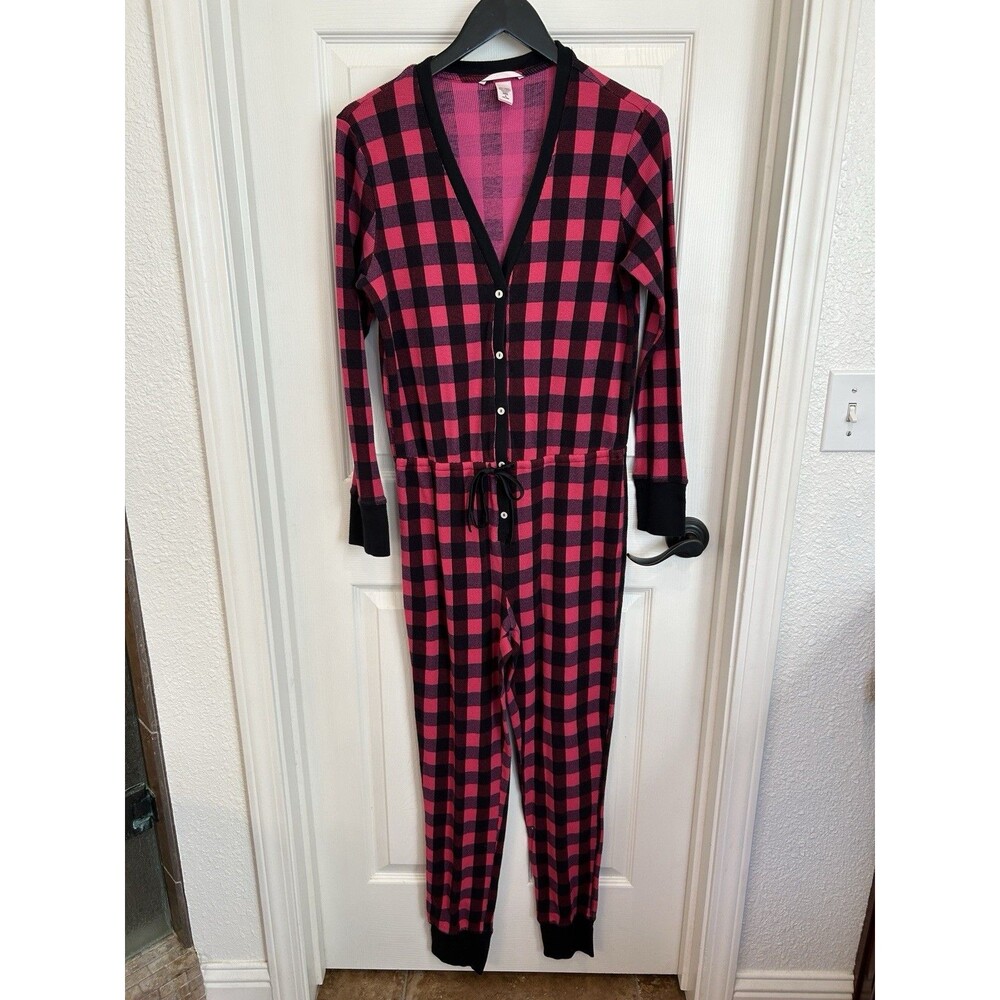 Victoria Secret Thermal Pajamas One Piece Pink Check Waffle Knit Sz M